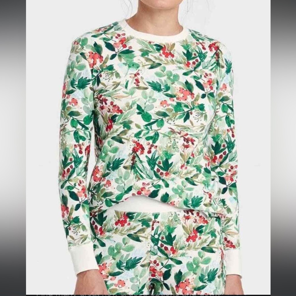 Stars Above Women's Green Floral Thermal Long Sleeve Shirt & Pants PJs Set 1X